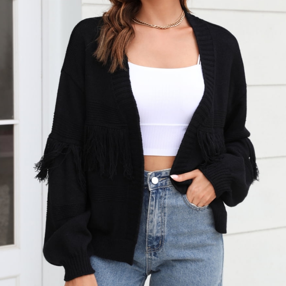 Fringe Trim Open Front Cardigan - Black - Picture 5 of 6